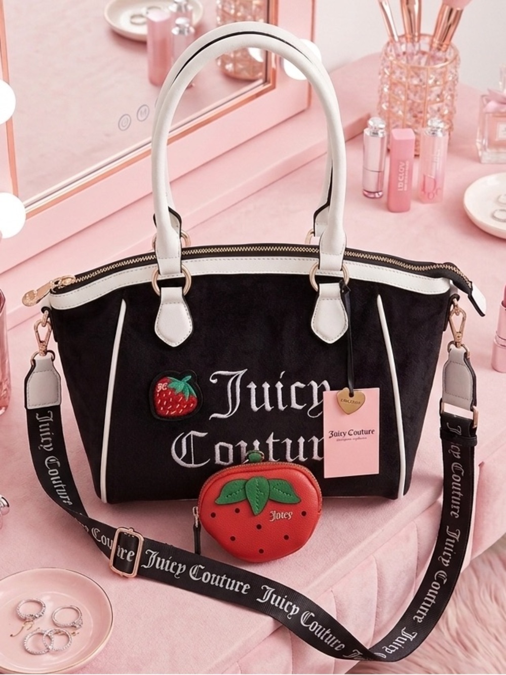 JUICY COUTURE Black Velour Strawberry Embroidered Purse Coin Purse Bonus NWT